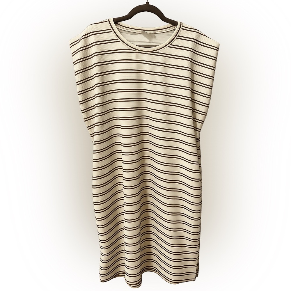 Entro Striped Shoulder Pad Dress Size Large Cream Brown Knit Shift